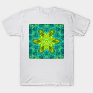 Mosaic Kaleidoscope Flower Yellow Blue and Green T-Shirt